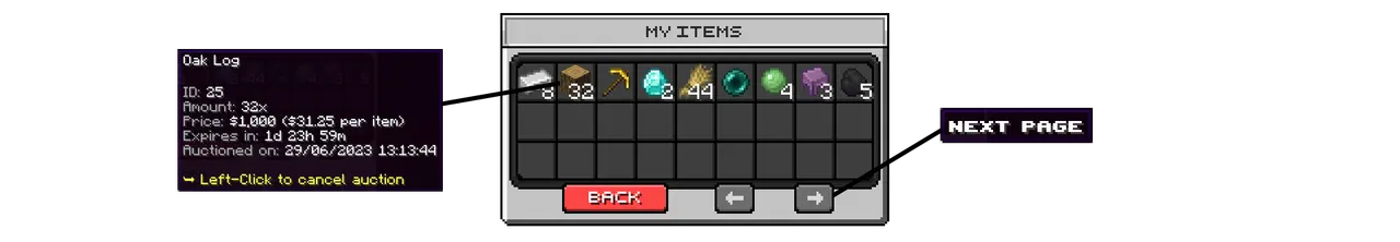 SupaSMP Auction House - Manage Your Listings SupaSMP Minecraft server my items menu showing player's active auction listings and management
