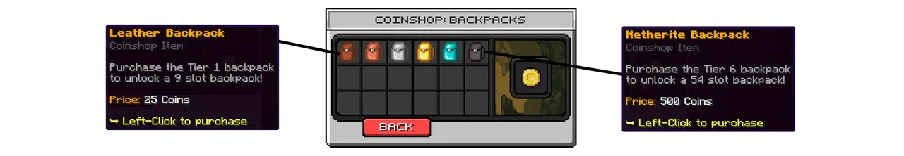 SupaSMP Backpacks - Portable Storage System SupaSMP Minecraft survival server backpacks menu with upgradeable storage tiers from 9 to 54 slots