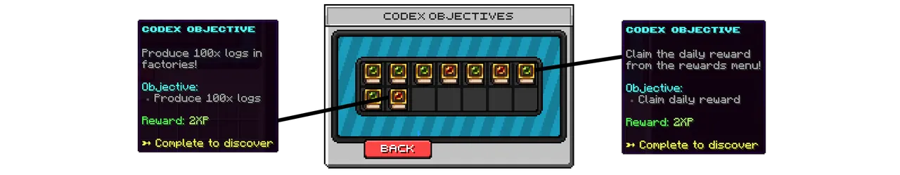 SupaSMP Codex Objectives - Earn Rewards While Learning SupaSMP Minecraft server codex objectives menu displaying tutorial objectives with XP rewards