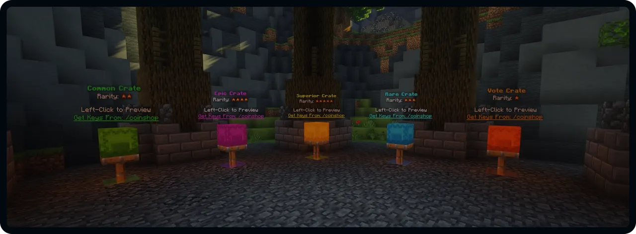 SupaSMP Crates - Five Rarity Tiers with Rewards SupaSMP Minecraft server five crate types with rarity tiers Vote Common Rare Epic Superior