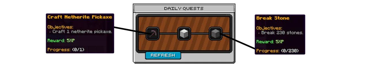 SupaSMP Daily Quests - Complete for Level XP SupaSMP Minecraft survival server daily quests menu with three objectives and XP progress tracking