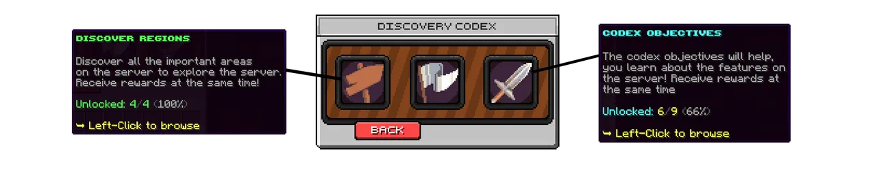 SupaSMP Discovery Codex - Explore Server Features SupaSMP Minecraft survival server discovery codex menu with regions and objectives for new players