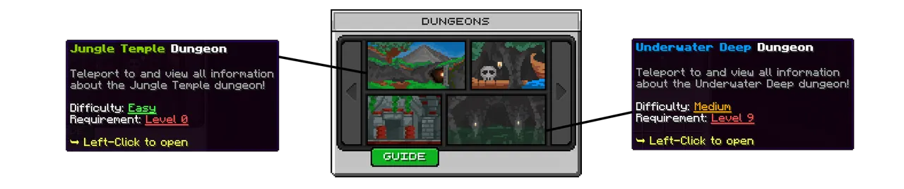 SupaSMP Dungeons Menu - Page 1 SupaSMP Minecraft RPG server dungeons menu page 1 with Jungle Temple Pirate Cave Eternal Fortress