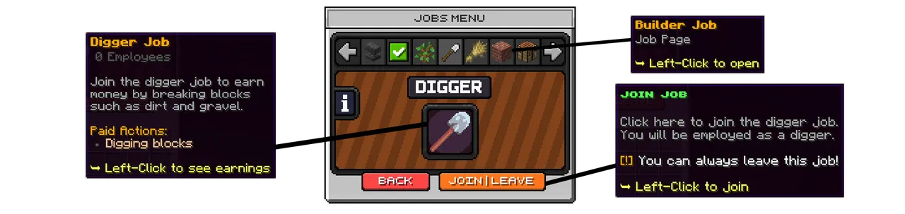 SupaSMP Jobs - Choose Your Professions SupaSMP Minecraft server jobs browser menu showing available professions miner farmer builder