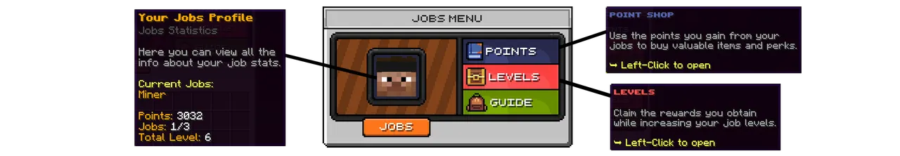 SupaSMP Jobs - Main Menu and Statistics SupaSMP Minecraft survival server jobs main menu with statistics and player job management