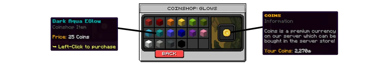 SupaSMP CoinShop Glows - Custom Glow Effects for Minecraft SupaSMP Minecraft server glows category in CoinShop featuring colorful glow effects and cosmetics