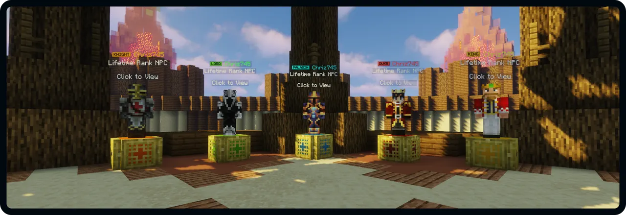 SupaSMP Server Ranks - Premium Minecraft Survival Server Ranks SupaSMP Minecraft server premium ranks display with Knight, Lord, Paladin, Duke, and King rank NPCs