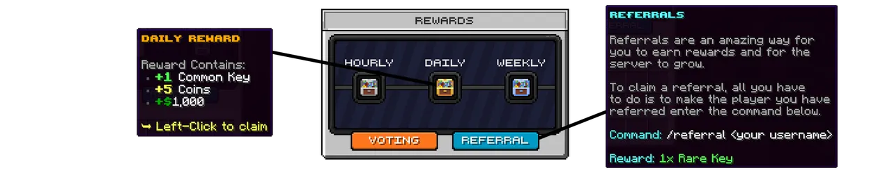 SupaSMP Rewards - Time-Based Bonuses and Referrals SupaSMP Minecraft survival server rewards menu with hourly daily weekly bonuses and referral system