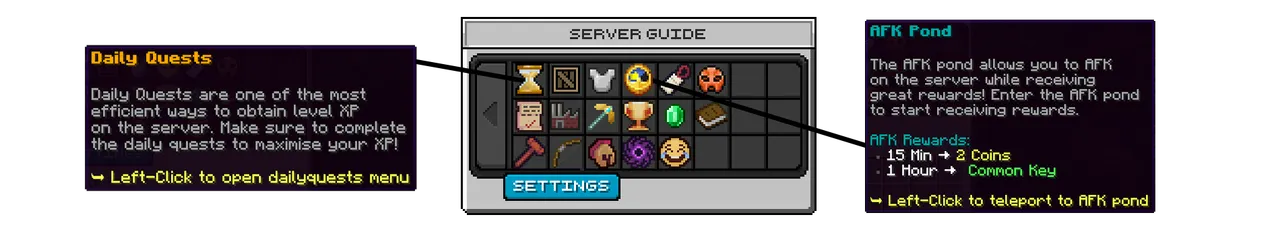 SupaSMP Server Guide - Daily Quests and AFK Features SupaSMP Minecraft server tutorial showing daily quests and AFK pond features with XP rewards