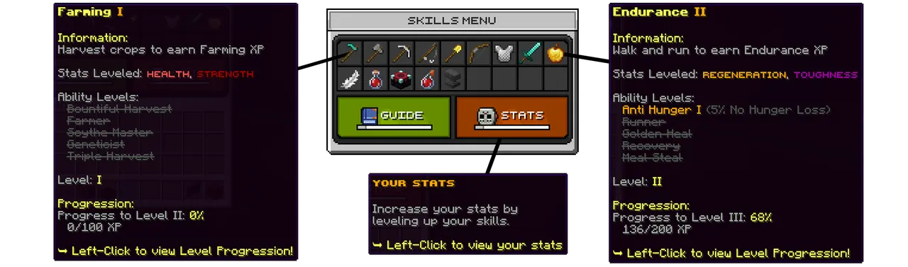 SupaSMP Skills System - Farming and Endurance Trees SupaSMP Minecraft survival server skills menu displaying farming and endurance skill trees with progression
