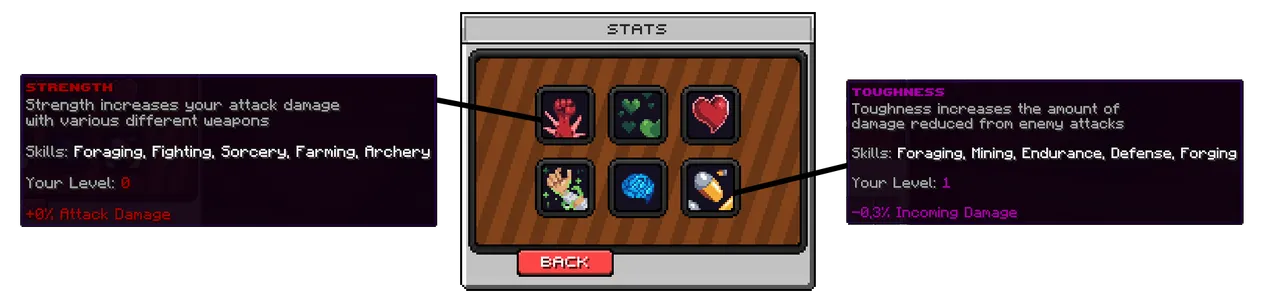 SupaSMP Stats - Character Attributes and Bonuses SupaSMP Minecraft survival server stats menu displaying strength toughness and character attributes system