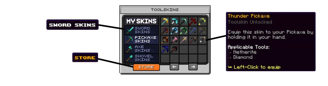 SupaSMP Tool Skins - Customize Your Tools SupaSMP Minecraft survival server tool skins customization menu for pickaxes axes shovels with custom textures