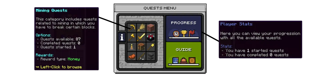 SupaSMP Quests - Mining Category Overview SupaSMP Minecraft survival server quests menu showing mining category with 500 plus quest objectives