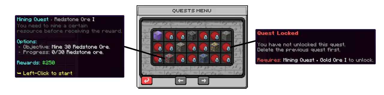 SupaSMP Quest Progression - Mining Quest Chains SupaSMP Minecraft server quest progression menu with locked and unlocked mining quests chains
